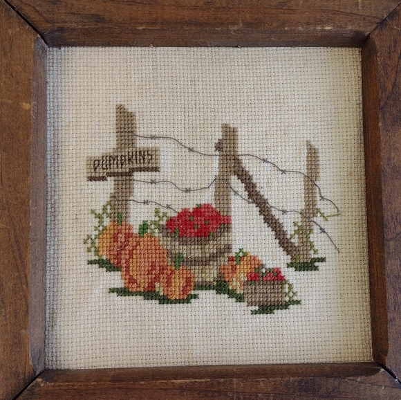 Fall Autumn Rustic Crossstitch Needle Point 9" square Handmade Vintage Art - Picture 1 of 7